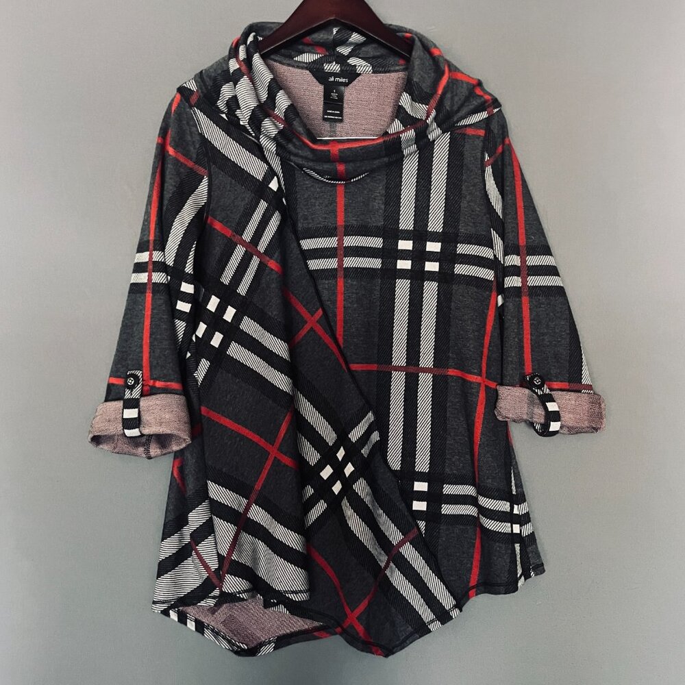 Ali Miles Grey Red Plaid Cowl Neckline Small